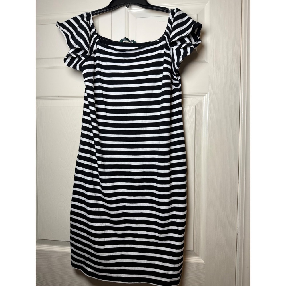 Lauren Ralph Lauren Black White Striped Ruffle Sleeve Cotton Sheath Dress